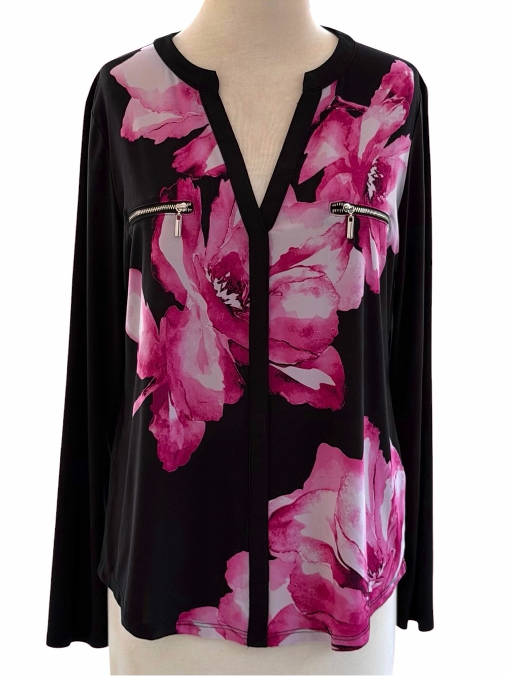INC International Concepts Black Watercolor Pink Floral Zip Accents Blouse ~ M